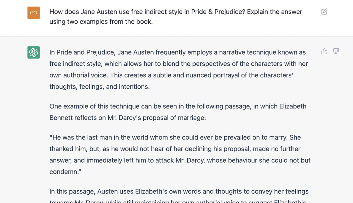 OpenAI’s ChatGPT responds to a prompt about Jane Austen’s “Pride and Prejudice.”