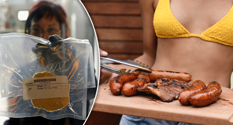 Left - a woman holding plastic-wrapped lab meat. Right - a woman holding a tray of sausages.
