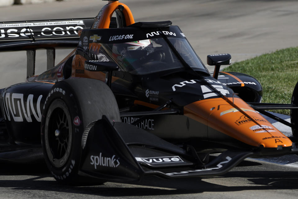 Pato O'Ward practices for the IndyCar Detroit Grand Prix auto racing doubleheader on Belle Isle in Detroit, Friday, June 11, 2021. (AP Photo/Paul Sancya)