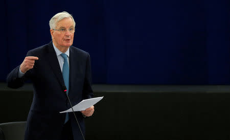 FILE PHOTO: European Union's chief Brexit negotiator Michel Barnier delivers a speech during a debate on BREXIT after the vote on british Prime Minister Theresa May's Brexit deal, at the European Parliament in Strasbourg, France, January 16, 2019. REUTERS/Vincent Kessler/File Photo