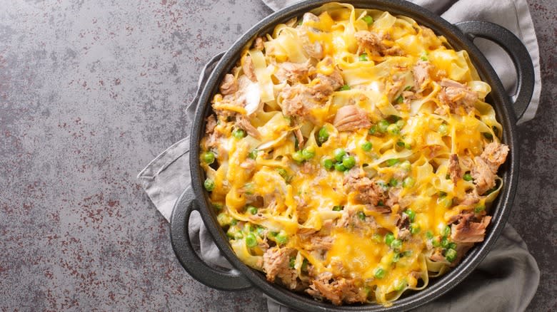 cheesy tuna casserole in skillet