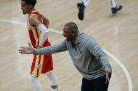 Philadelphia 76ers head coach Doc Rivers, right, reacts during the first half of Game 3 of a second-round NBA basketball playoff series against the Atlanta Hawks, Friday, June 11, 2021, in Atlanta. (AP Photo/John Bazemore)