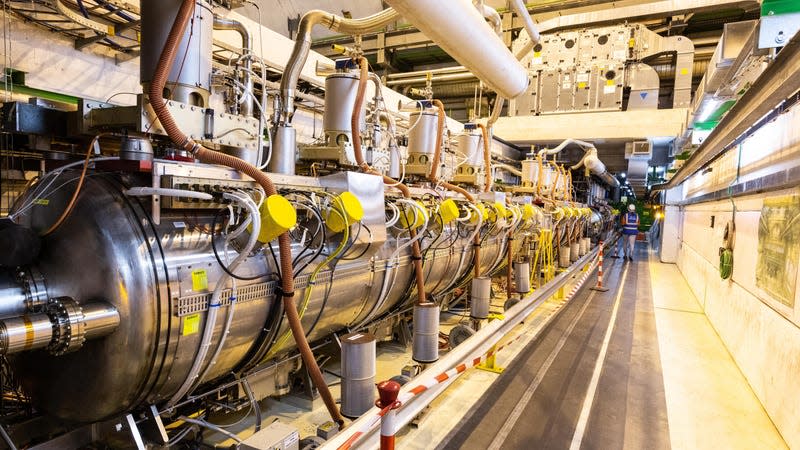 A part of complex Large Hadron Collider (LHC) is seen underground during the Open Days at the CERN particle physics research facility on September 14, 2019 in Meyrin, Switzerland. 