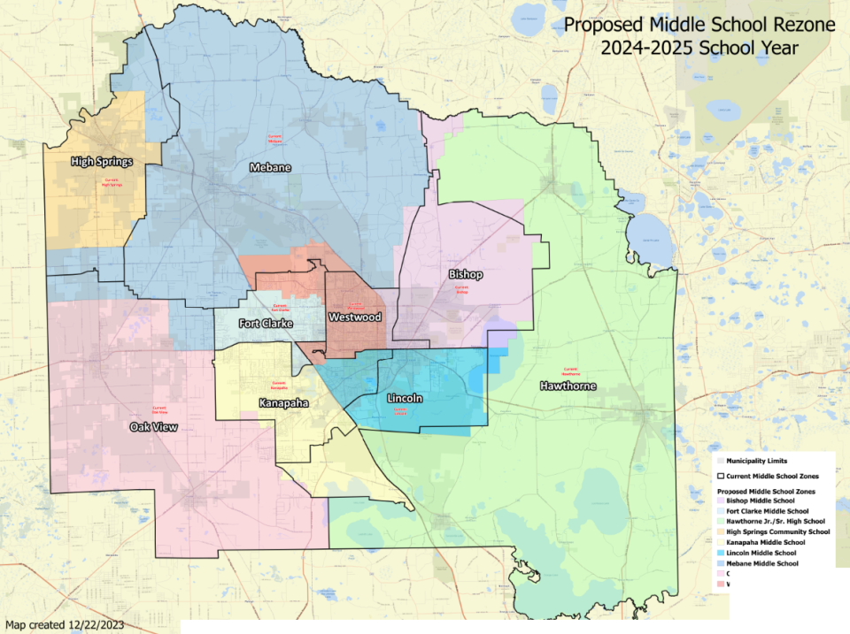 Proposed zone map for Alachua County middle schools as of Dec. 22, 2023.