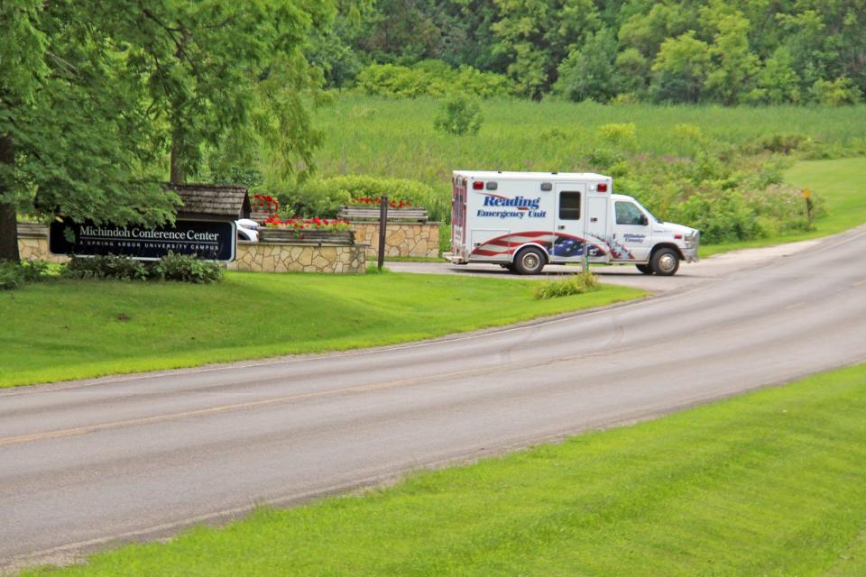 Paramedics leave Camp Michindoh Wednesday after responding to a boating accident.