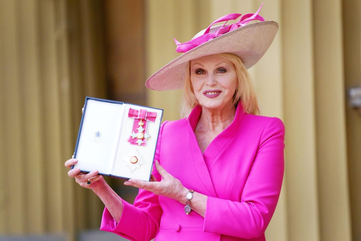 LONDON, ENGLAND - JULY 14: Dame Joanna Lumley poses after being made a Dame Commander for services to drama, entertainment and charity at a investiture ceremony at Buckingham Palace on July 14, 2022 in London, England. (Photo by Victoria Jones-Pool/Getty Images)