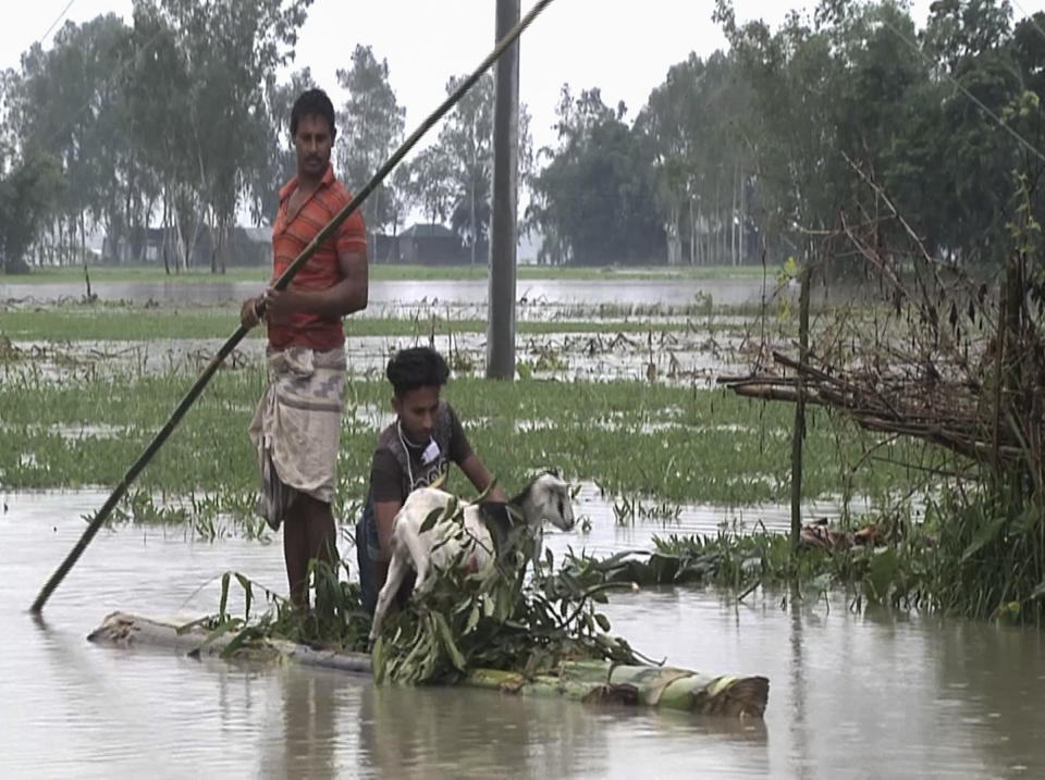 In this video grab taken from the Associated Press Television footage Bangladeshi men with a goat row a banana raft through flood waters in Lalmonirhat, Bangladesh, Monday, July 13, 2020. Heavy flooding is worsening in parts of Bangladesh, with over 1 million villagers marooned or leaving their homes for higher ground along with their cattle and other belongings, officials and volunteers said Tuesday. (AP Photo/Bayezid Ahmed)