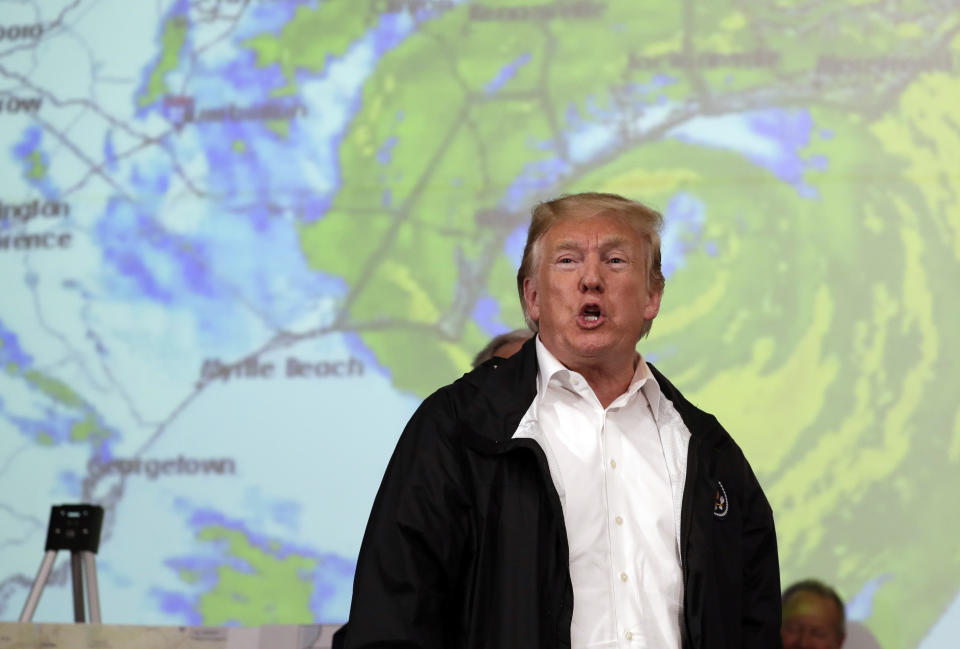 President Trump speaks to first responders as he visits the Horry County Emergency Management Center in Conway, S.C., after Hurricane Florence on Sept. 19, 2018. (Photo: Evan Vucci/AP)