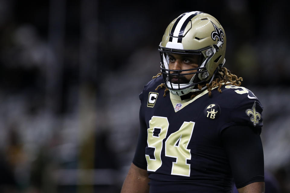 Cameron Jordan is still salty about the missed call in the NFC Championship game. (Photo by Chris Graythen/Getty Images)