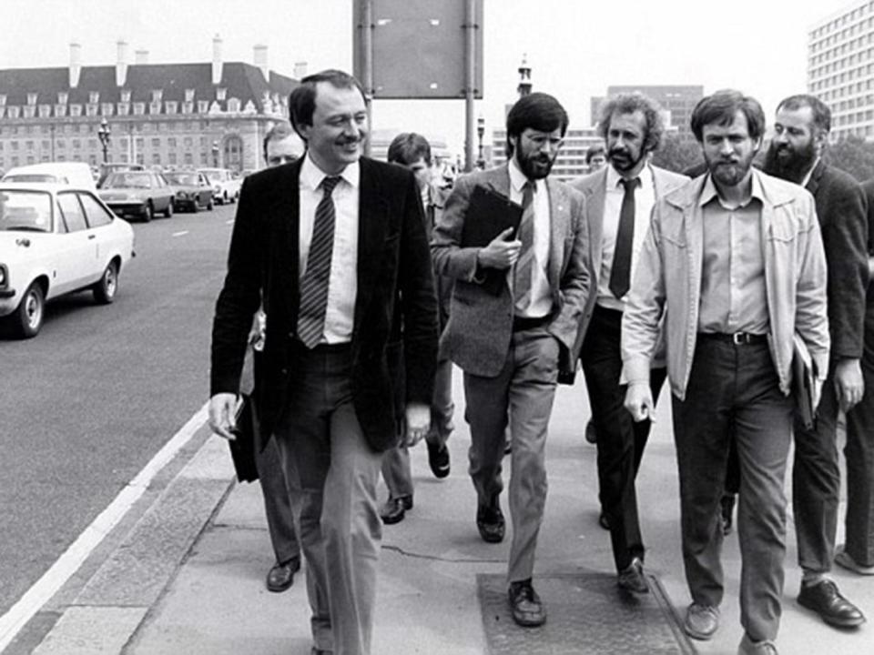 Livingstone (left) with Sinn Fein leader Gerry Adams (centre) and Jeremy Corbyn (second from right) walking on Westminster Bridge in the 1980s (Getty)