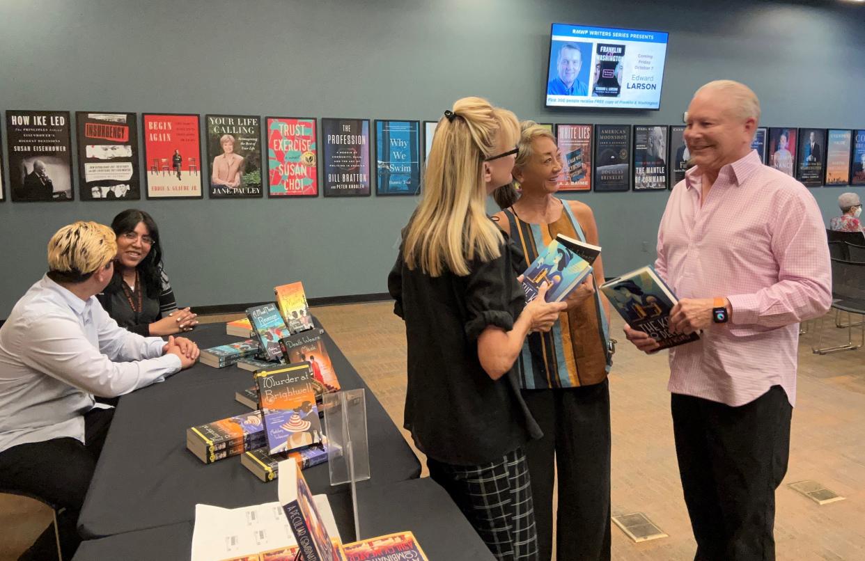 Sandie Newton chats with Jamie Kabler, founder, chair and president of the Rancho Mirage Writers Festival, and Deborah C. Dejah, director of programming.