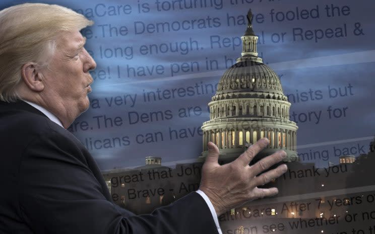 President Trump (Yahoo News photo illustration; photos: Carolyn Kaster/AP, Mark Wilson/Getty Image, @realDonaldTrump via Twitter)