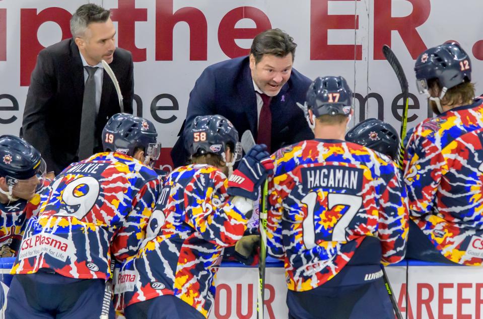 Peoria head coach Jean-Guy Trudel tries to rally the Rivermen in the third period Friday, March 24, 2023 at Carver Arena. The Rivermen fell to the Quad City Storm 1-0.