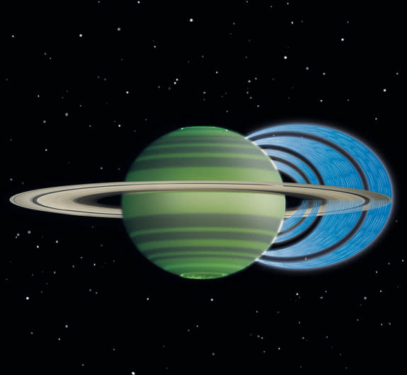 Water particles flow from Saturn's rings into the planet's atmosphere along magnetic field lines.