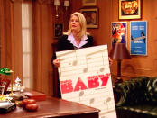 <p>When Lane became pregnant during the fifth season of <em>The Nanny</em>, the show's writers included clever allusions to her poorly hidden baby bump, including a moment where Lane's Broadway producer character C.C. Babcock holds the poster for the musical <em>Baby </em>in front of her body. </p>
