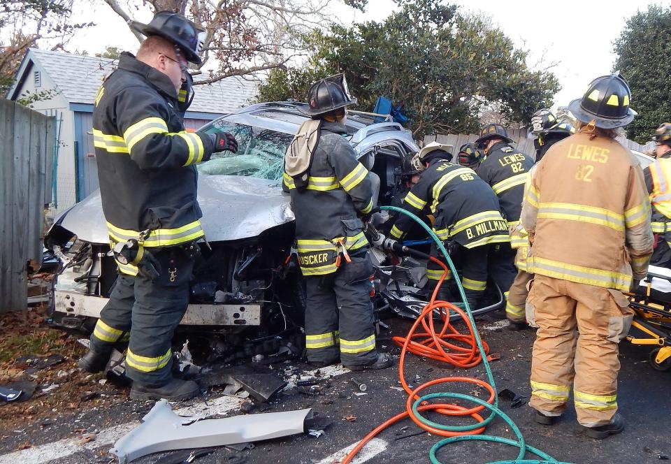 Lewes firefighters, assisted by Rehoboth Beach and Milton fire crews, responded to a two-vehicle collision on Minos Conaway Road on Saturday, December 10. Vehicle occupants were transported to area hospitals for treatment of serious injuries. SPECIAL TO THE DELAWARE NEWS JOURNAL / Chuck Snyder