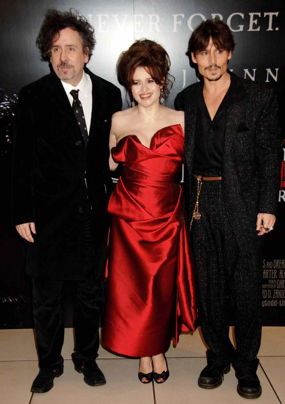 Tim Burton, actress Helena Bonham Carter and actor Johnny Depp attend the European film premiere of 'Sweeney Todd', at the Odeon Leicester Square January 10, 2008 in London, England