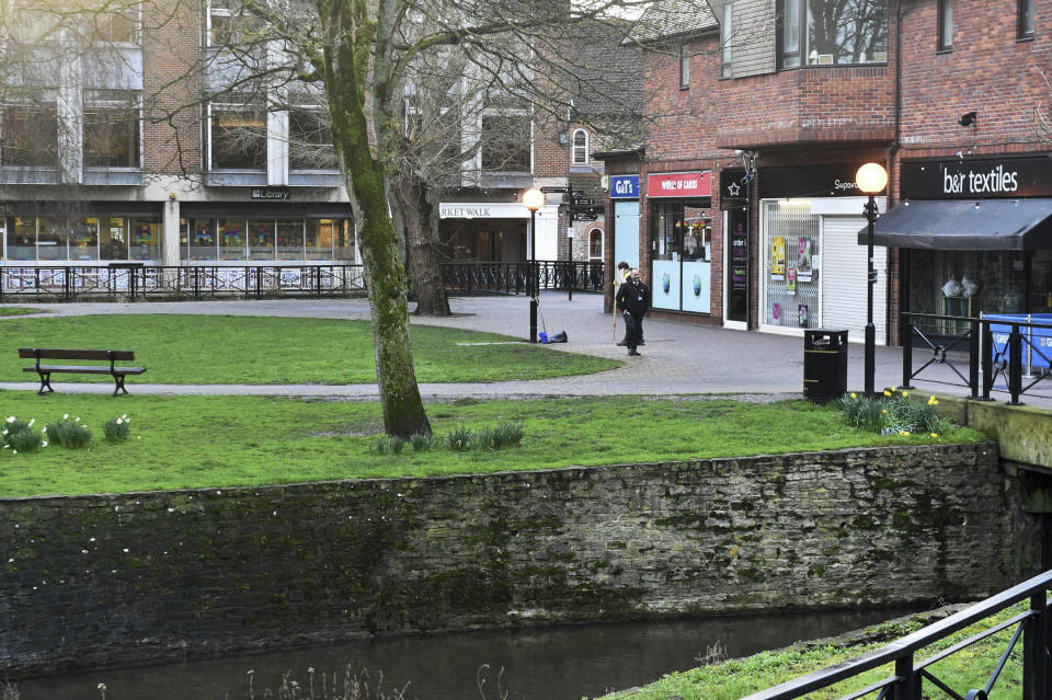 The park in Salisbury where former Russian spy Sergei Skripal and his daughter, Yulia, were found collapsed after they were poisoned with the deadly nerve agent Novichok, seen on the first anniversary of their poisoning, in Salisbury, England, Monday March 4, 2019. The area has been declared safe after decontamination work. (Ben Birchall/PA via AP)