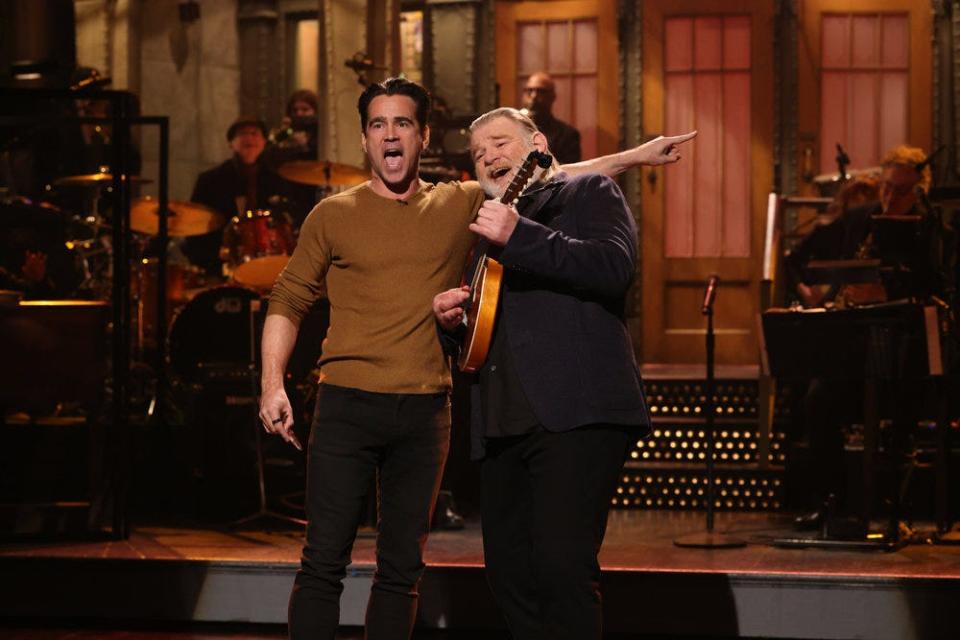 Special guest Colin Farrell with "SNL" host Brendan Gleeson during Gleeson's monologue.