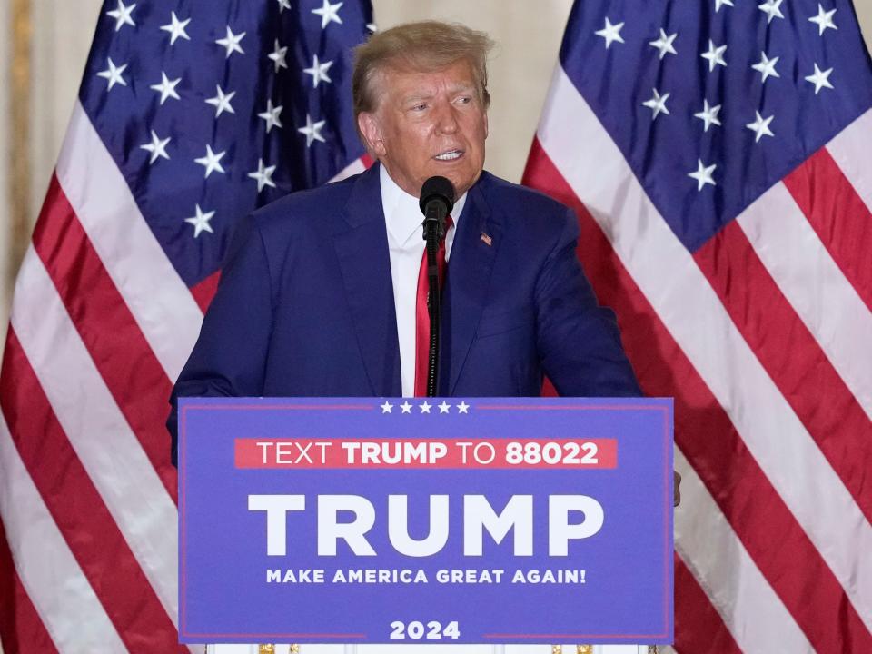 Former President Donald Trump speaks at his Mar-a-Lago estate hours after being arraigned in New York City, Tuesday, April 4, 2023, in Palm Beach, Fla. (AP Photo/Rebecca Blackwell)