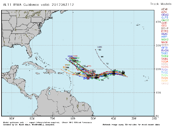 Computer model "spaghetti" plot showing track projections for Hurricane Irma.