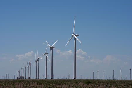 FILE PHOTO: Wind turbines generate power at the Loraine Windpark Project in Loraine, Texas U.S. August 24, 2018. Picture taken August 24, 2018. REUTERS/Nick Oxford