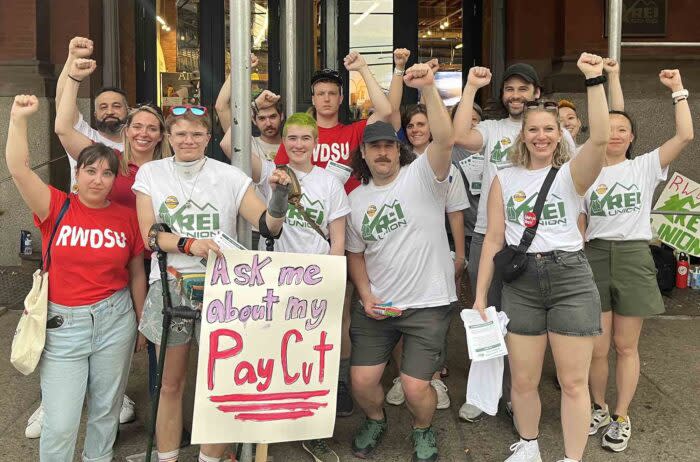 Workers of the REI Union outside the REI Flagship store in SoHo, NYC, on June 2, 2023, when they went on strike to demand better wages. 