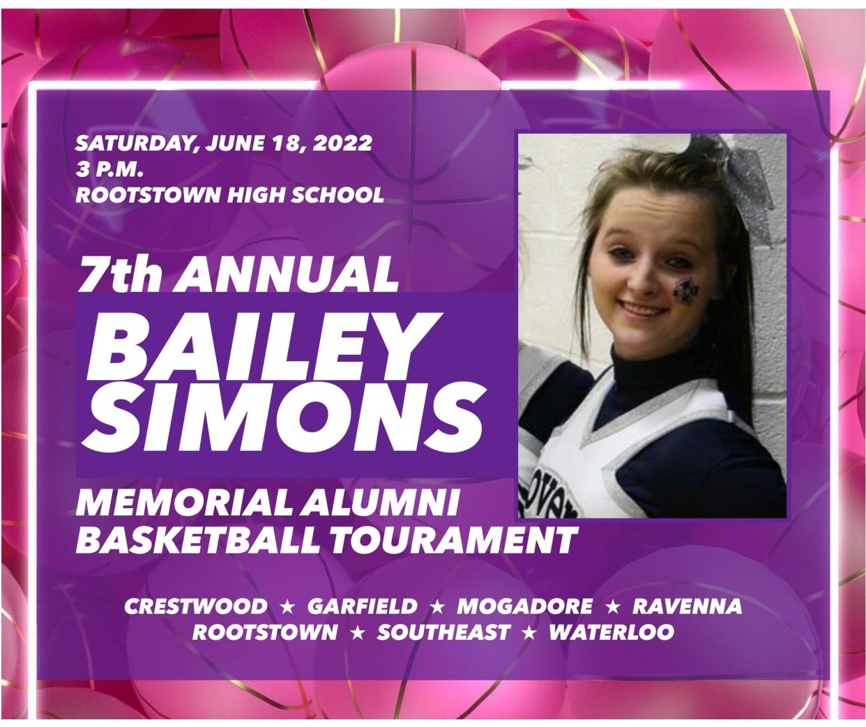 The poster for the 2022 Bailey Simons Memorial alumni basketball tournament at Rootstown June 18.