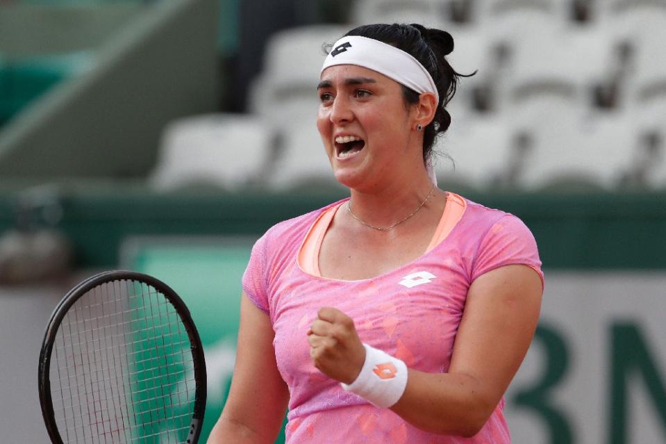 Tunisia's Ons Jabeur celebrates her win against Slovakia's Dominika Cibulkova during the 2017 French Open