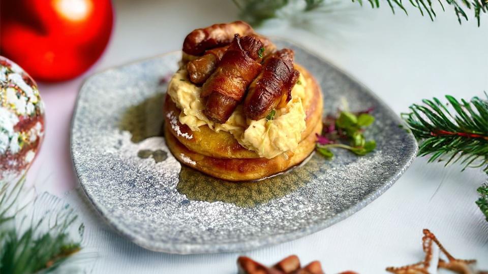 The Festive Brunch Club at The Table includes free ranged scrambled eggs, with pigs in blankets and maple syrup