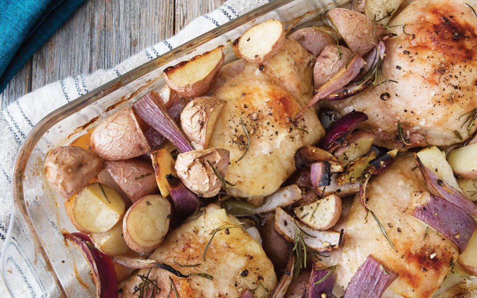 <p>Clare Barboza/Bonnie Matthews</p><p>Balsamic vinegar, fresh rosemary and garlic add flavor to this quick and easy dish. Throw in your favorite seasonal vegetables and herbs.</p><p><strong>Get the recipe: <a href="/1083891/parade/baked-chicken-potatoes-red-onions-rosemary/" data-ylk="slk:Chicken Baked with Red Onions, Potatoes and Rosemary;elm:context_link;itc:0;sec:content-canvas" class="link ">Chicken Baked with Red Onions, Potatoes and Rosemary</a></strong></p>