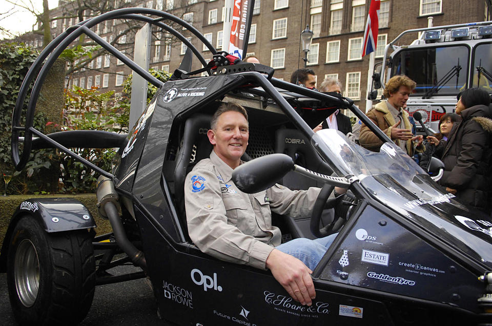 Neil Laughton, sits in the Parajet Skycar, in central London, which he and a team of adventurers will use to travel from London to Timbuktu.