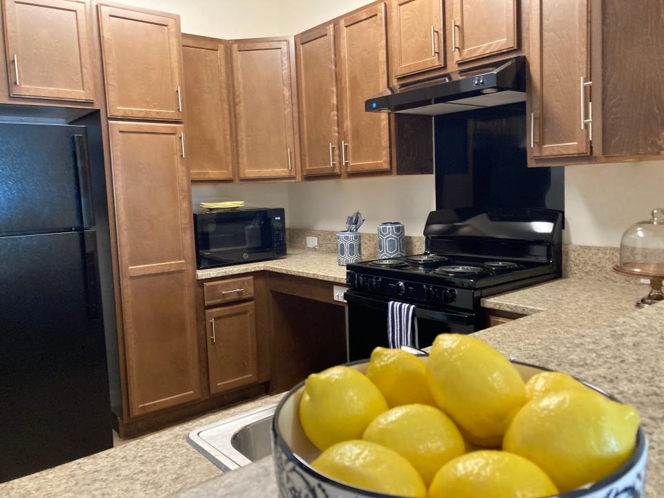 A bowl of lemons adorns the kitchen of a one-bedroom unit at the Sellersville Senior Residences. The community is open to residents ages 55 and older who earn between 20% and 60% of the median family income for the area