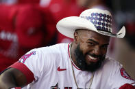 Los Angeles Angels' Luis Rengifo celebrates his solo home run during the first inning of the team's baseball game against the Seattle Mariners Monday, Aug. 15, 2022, in Anaheim, Calif. (AP Photo/Marcio Jose Sanchez)