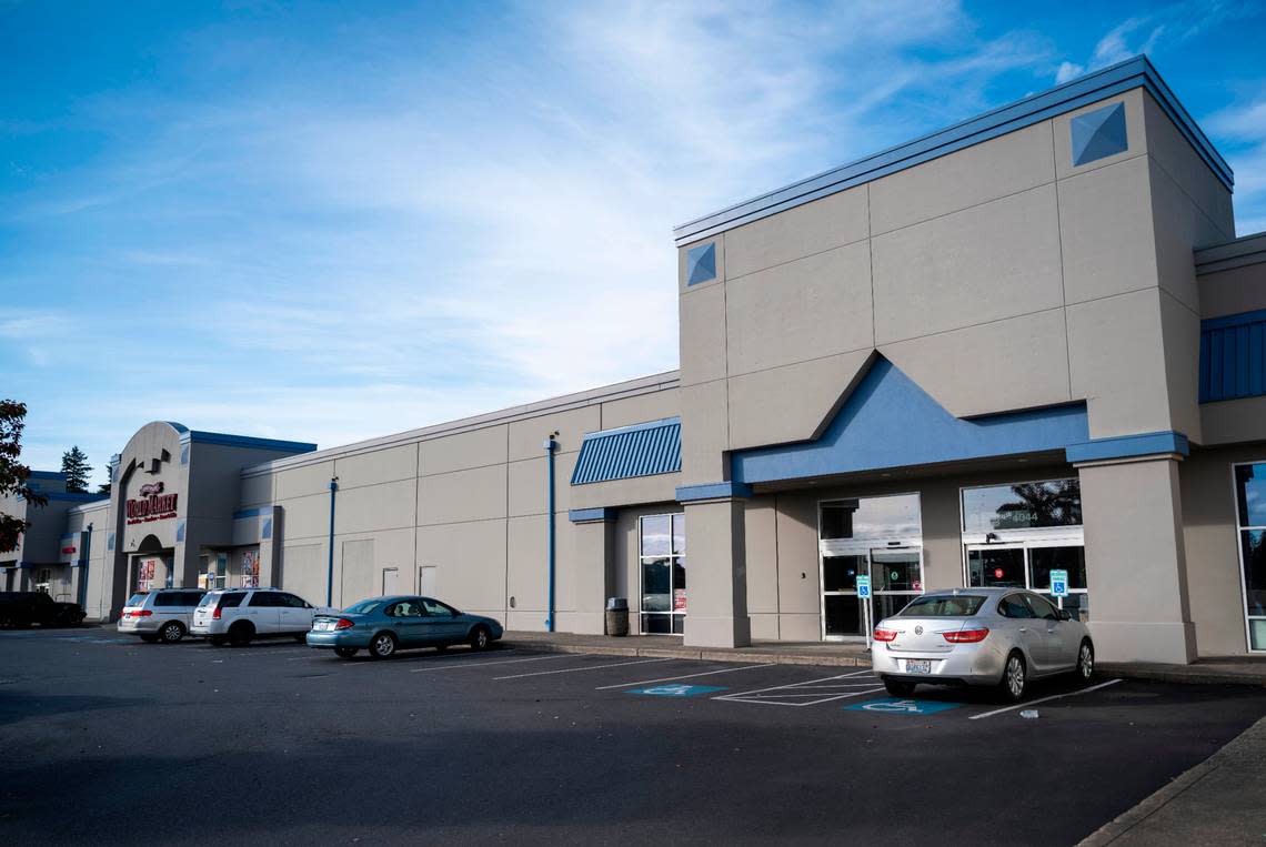 A building sits vacant at the 4044 block of Tacoma Mall Blvd. in Tacoma, Wash. on Oct. 10, 2022. Representatives for Mor Furniture for Less have submitted plans with the city of Tacoma for a new Mor store at this location, a former home to OfficeMax, which closed several years ago.