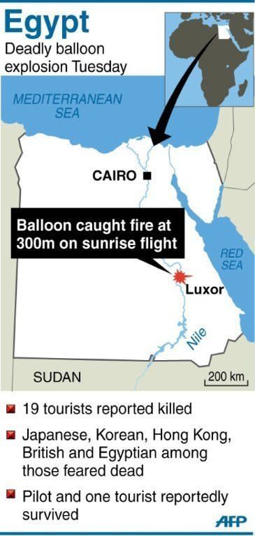 Map locating the Egyptian city of Luxor where up to 19 tourists were killed when a hot air balloon exploded and caught fire
