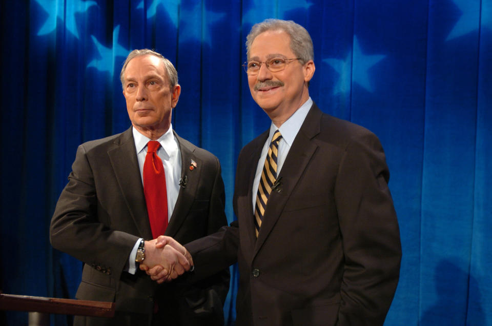 New York City Mayor Michael Bloomberg, left, shakes hands with his Democratic challenger Fernando Ferrer prior to their first televised debate at WABC-TV studios in Manhattan  Sunday, Oct. 30, 2005 in New York. (Bryan Smith/AP)