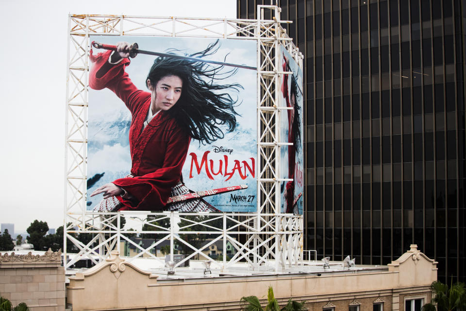 HOLLYWOOD, CALIFORNIA - MARCH 13: An outdoor ad for Disney's &quot;Mulan&quot; is seen on March 13, 2020 in Hollywood, California. The spread of COVID-19 has negatively affected a wide range of industries all across the global economy. (Photo by Rich Fury/Getty Images)
