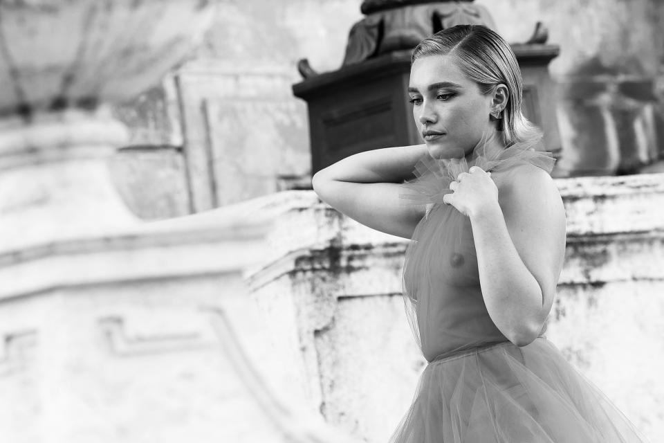 ROME, ITALY - JULY 08: (EDITOR’S NOTE: Image contains nudity and has been converted to black and white.) Florence Pugh attends the Valentino Haute Couture Fall/Winter 22/23 fashion show on July 08, 2022 in Rome, Italy. (Photo by Vittorio Zunino Celotto/Getty Images)