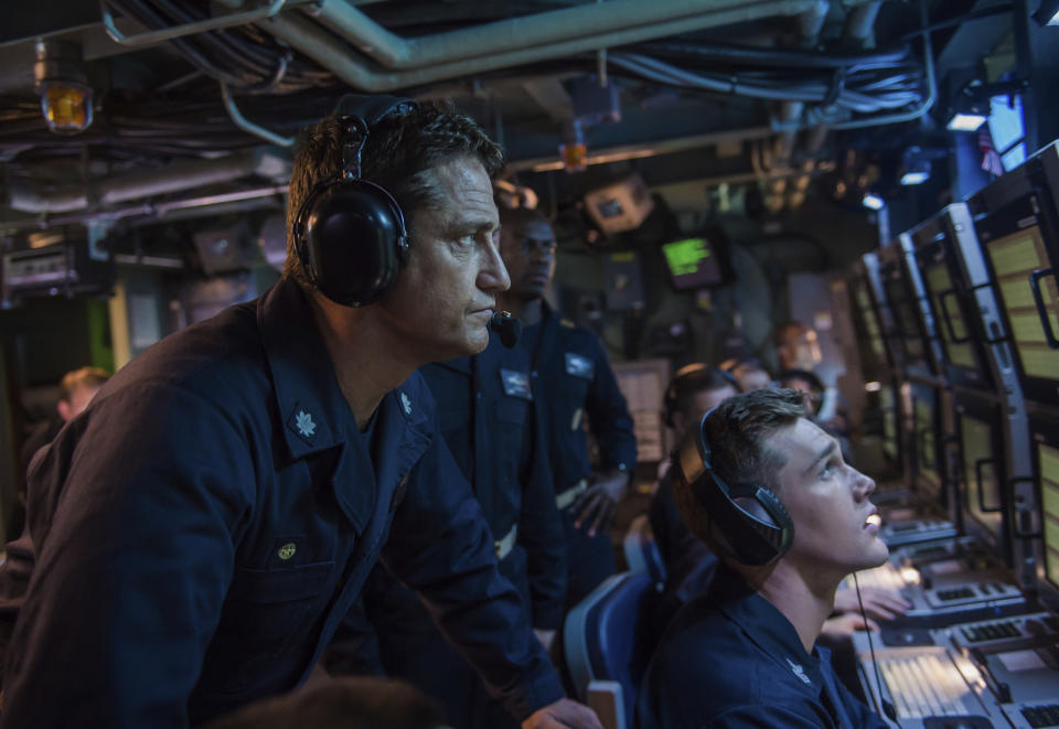 This image released by Lionsgate shows Gerard Butler in a scene from "Hunter Killer" (Jack English/Lionsgate via AP)