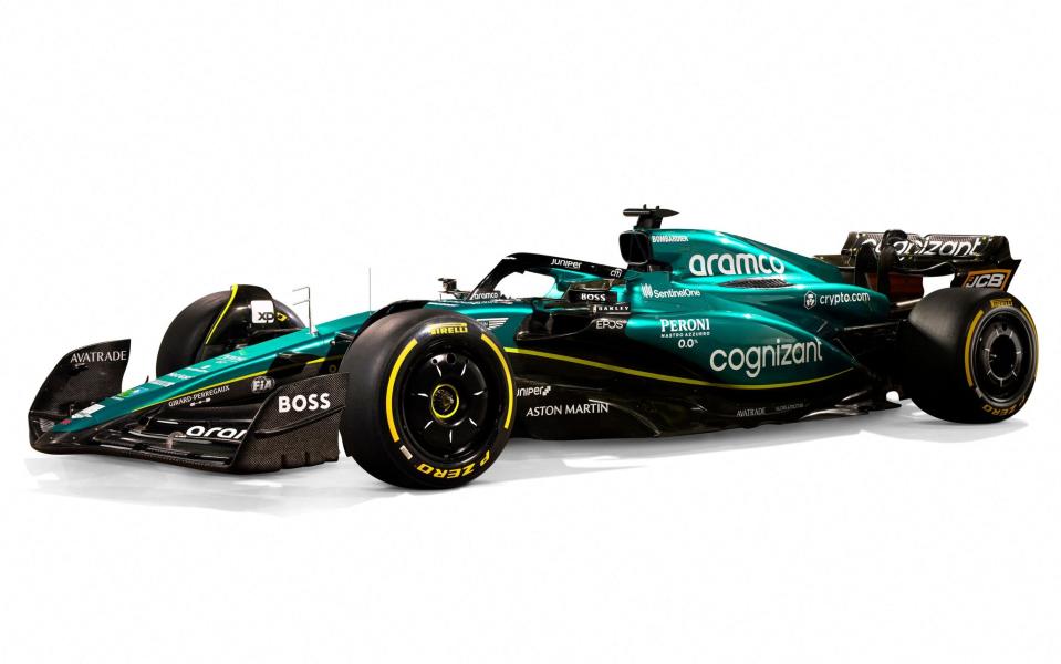 A handout picture released on February 13, 2023 by Aston Martin shows the team's Aston Martin AMR23 Formula One racing car for the 2023 season - Aston Martin/Getty Images