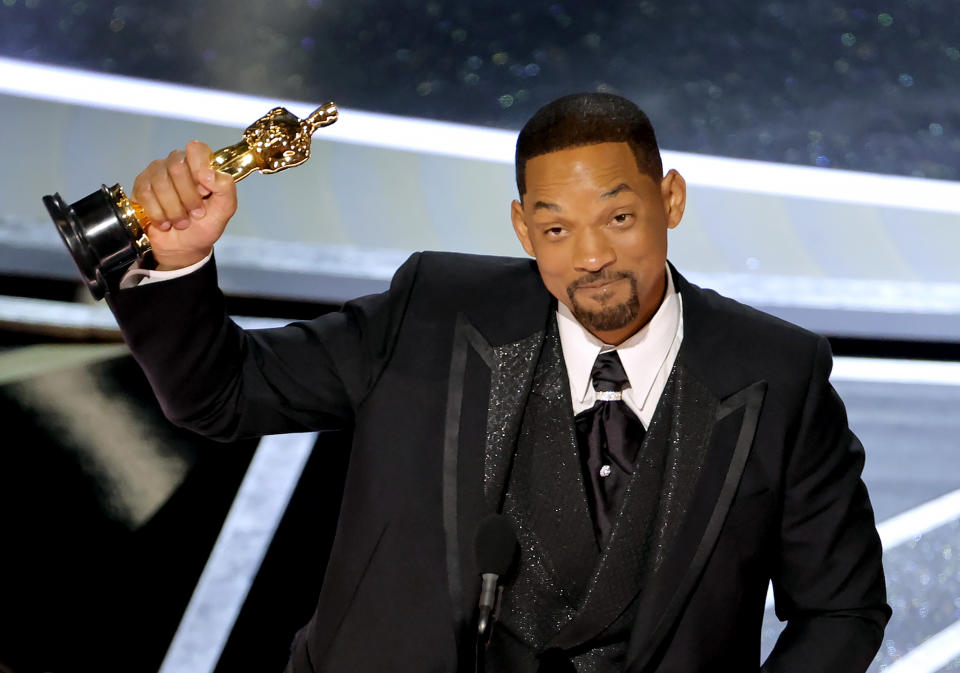 HOLLYWOOD, CALIFORNIA - MARCH 27: Will Smith accepts the Actor in a Leading Role award for ‘King Richard’ onstage during the 94th Annual Academy Awards at Dolby Theatre on March 27, 2022 in Hollywood, California. (Photo by Neilson Barnard/Getty Images)