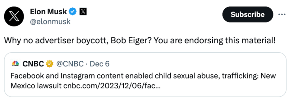 Elon Musk X Bob Eiger tweet screenshot