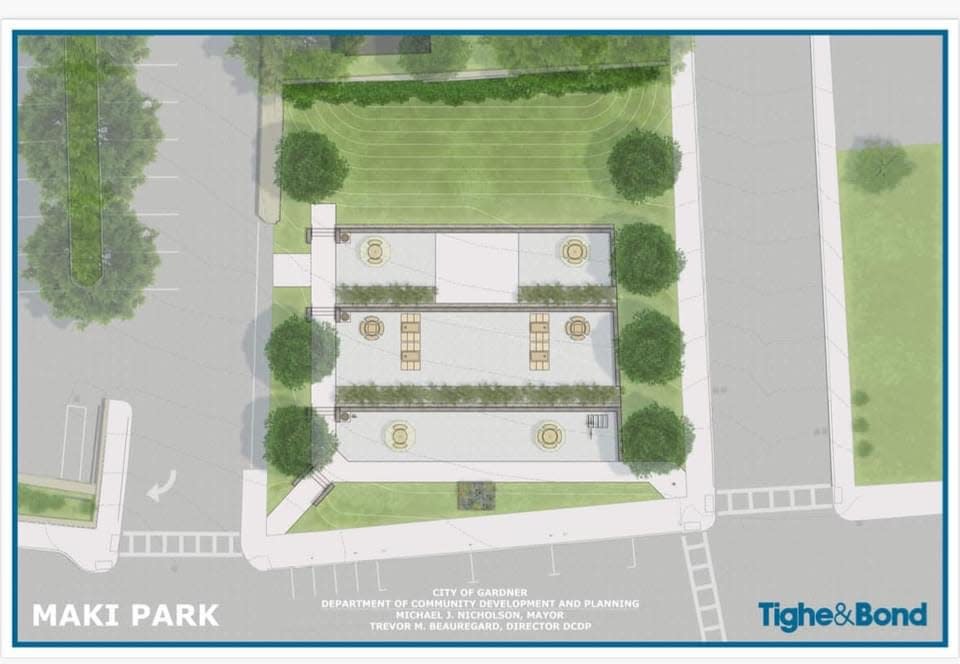 A rendering of the three-tiered pocket park that is being constructed in downtown Gardner on the site of the former Maki Block Building.