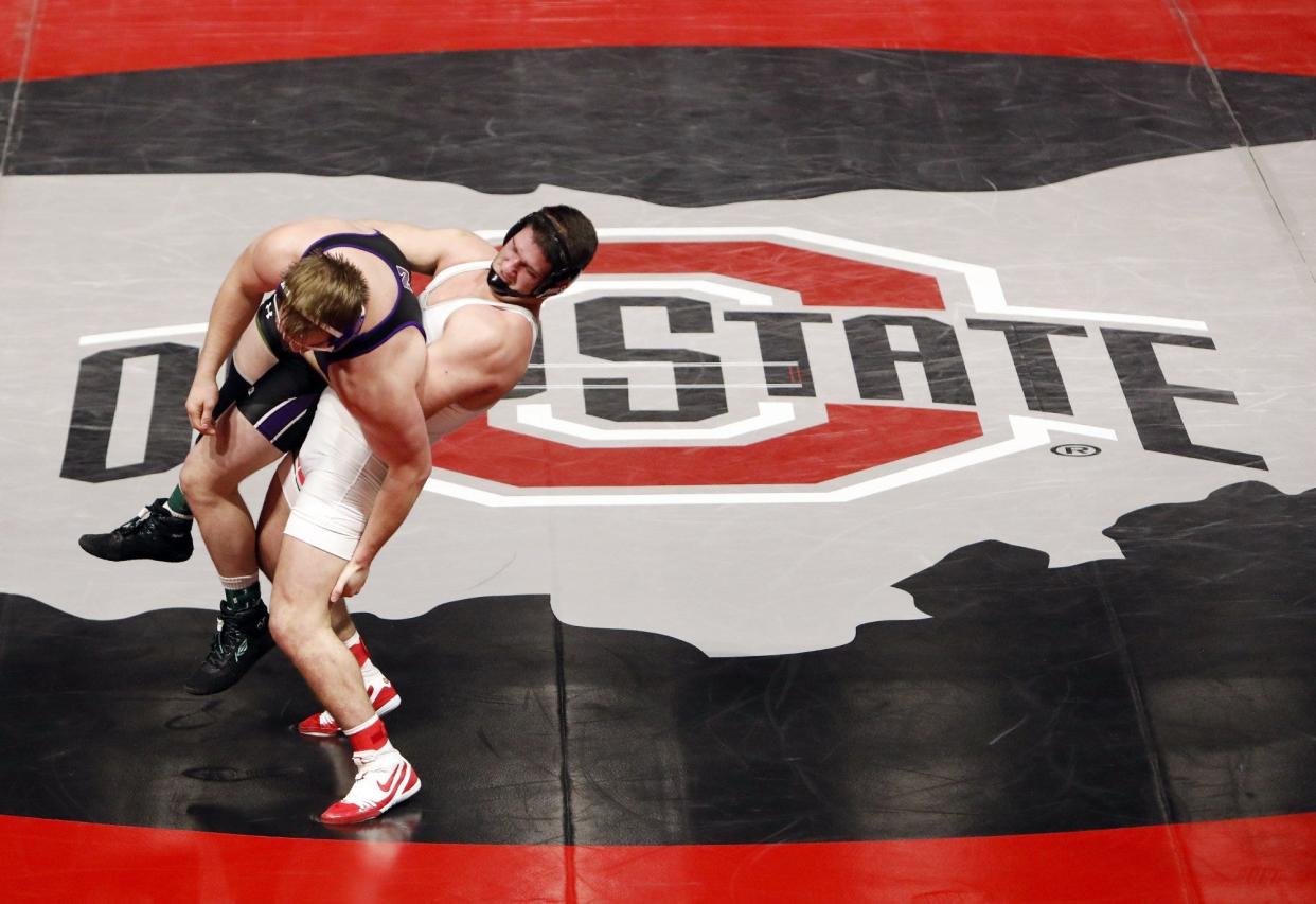 Gary Traub wrestling for Ohio State in 2020. Traub will compete in the U.S. Olympic Team Trials to attempt to qualify for the 2024 Paris Olympics. Traub qualified for the Trials by placing third at the 2023 Senior Nationals.