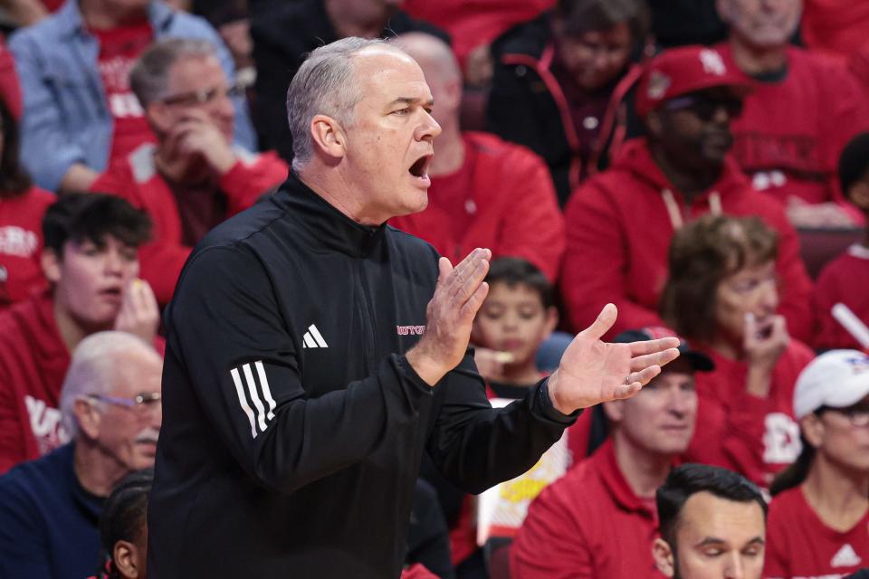 Dec 2, 2023; Piscataway, New Jersey, USA; Rutgers Scarlet Knights head coach Steve Pikiell reacts during the first half against the Illinois Fighting Illini at Jersey Mike's Arena. Mandatory Credit: Vincent Carchietta-USA TODAY Sports