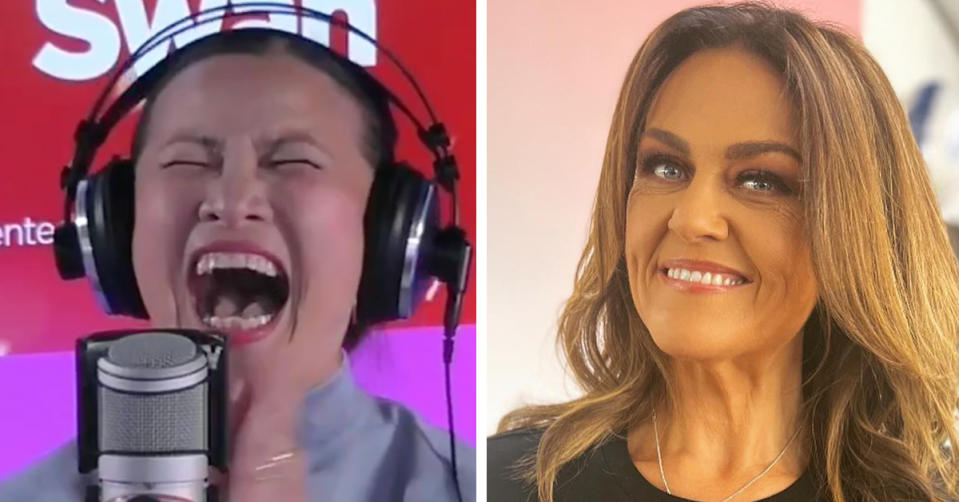 L: Poh Ling Yeow laughs into a mic. R: Chrissie Swan 