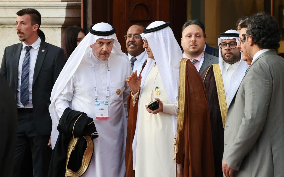 Adeeb Y Al Aama, governor of Opec, centre left, and Prince Abdulaziz bin Salman, Saudi Arabia&#39;s energy minister, centre right, leave the cartel&#39;s international seminar in Austria earlier this month
