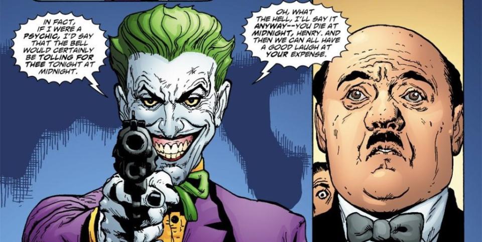 Joker points a gun at Alfred