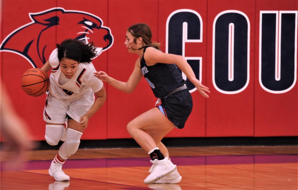 Cooper's Kyla Speights, left brings the ball up court as Midland Greenwood's Adison Savage defends in the second half. Greenwood won the nondistrict game 48-46 on Friday, Dec. 17, 2021, at Cougar Gym.